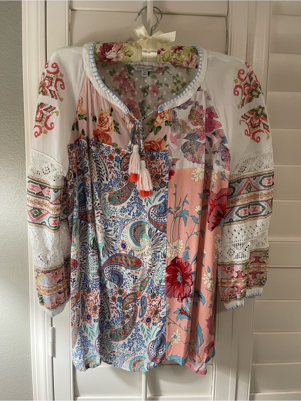 John Mark White Multi Floral Patchwork Peasant Blouse